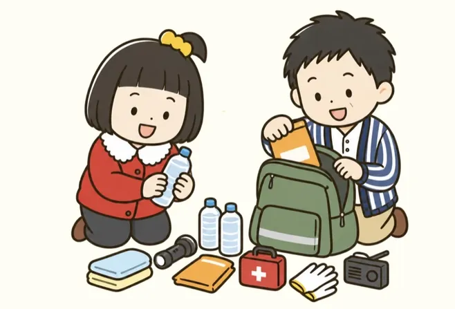 防災グッズをリュックに詰める子どもたちのイラスト