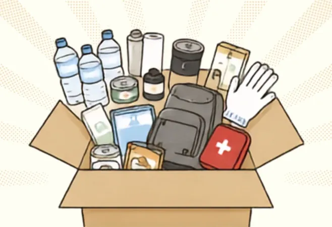 防災用品が詰まった段ボールを開けたイラスト