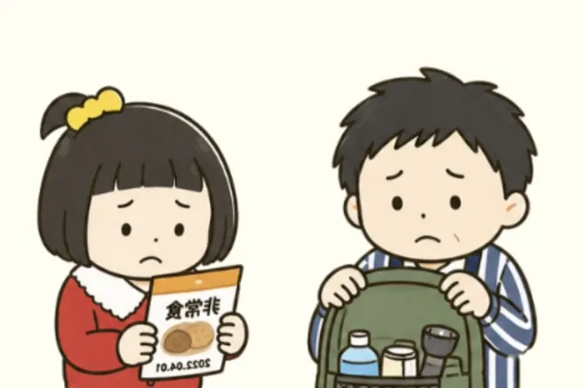非常食の期限を確かめる子どもたちのイラスト